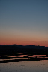 美しい春の夕暮と水を張った水田
