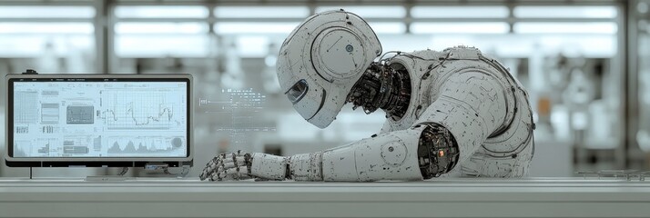 Depressed robot examines data on futuristic screen