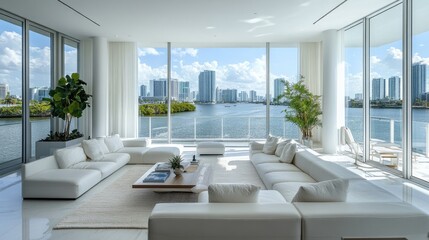 A sleek, modern waterfront living room with stunning views of the Miami skyline, featuring minimalist and abundant natural light.
