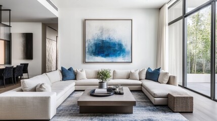 Fototapeta premium A spacious, airy living room with a sectional sofa, minimalist coffee table, and an eye-catching blue and white abstract art piece adorning the wall.