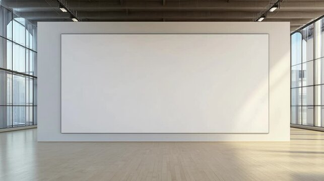 Blank white wall mockup in sunny modern empty gallery, 3d rendering. Clear big stand mock up in museum with contemporary art exhibitions. Large hall interior with wide banner exposition template.	