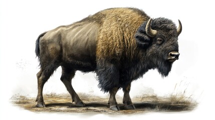 Wild Bison Standing in Meadow, Detailed Digital Illustration