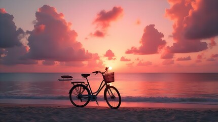 Obraz premium Stunning Sunset Beach Bicycle Pink Clouds