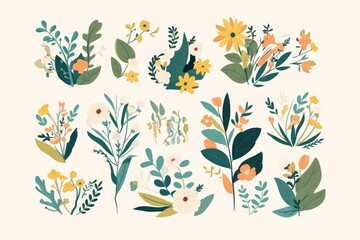 Obraz premium A collection of illustrated stylized flowers and greenery elements