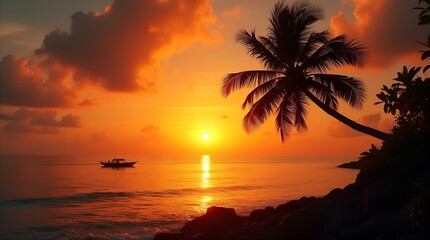 Golden Hour Beach Sunset Palm Tree Silhouette Boat Tropical Ocean