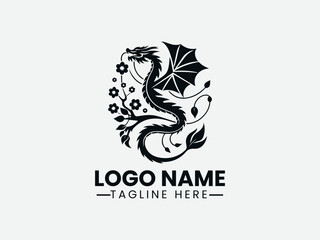 phoenix silhouette with floral branch within oval frame. Mythical logo