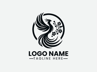 phoenix silhouette with floral branch within oval frame. Mythical logo