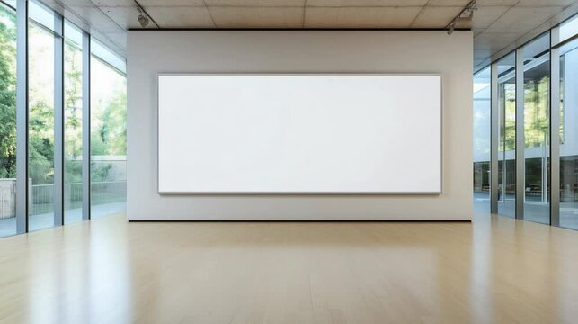 Blank white wall mockup in sunny modern empty gallery, 3d rendering. Clear big stand mock up in museum with contemporary art exhibitions. Large hall interior with wide banner exposition template.	