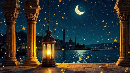 
Muslim holiday. Moon star lamp eid mubarak frame frame paper tableware painted