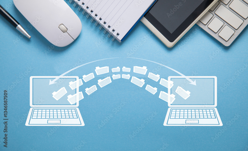 Sticker notebooks file transfer. concept of information exchange
