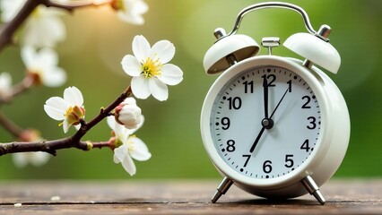 pink alarm clock, Vintage alarm clock with white spring blossoming tree branches flowers. The clock moves forward one hour in spring