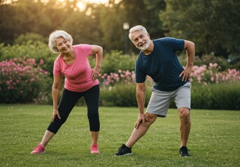 A happy senior couple enjoys stretching exercises in a lush green park on a sunny day.