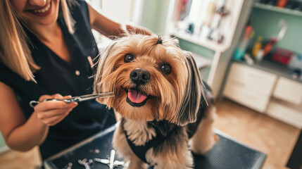 A female pet groomer brushing a dog in a salon, scissors nearby, clean workspace, cheerful pet, bright lighting, caring and professional setting