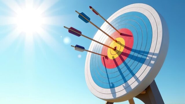 target and arrow, Archery target with three arrows hitting the bullseye on a sunny day