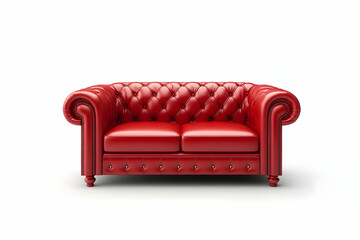 Red leather sofa isolated on a white background with a clipping path, 3D rendering. Red traditional English Chesterfield three-seater couch, front view