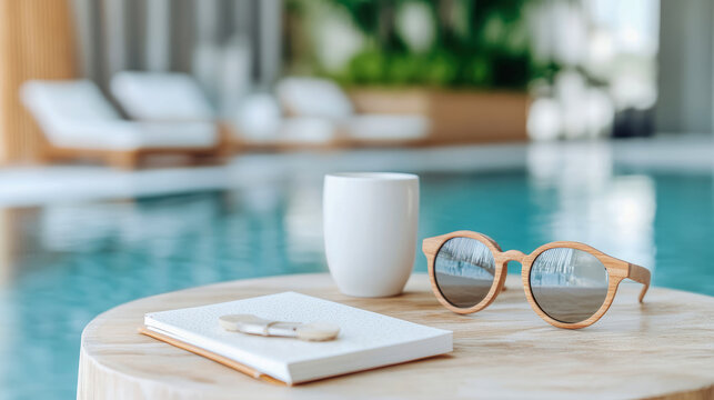 Relaxation at the Pool: A Tranquil Scene with Sunglasses, Notebook, and Coffee for Spa Day