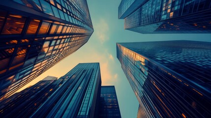 Skyscrapers reach for pale blue and orange sky.