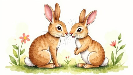 Obraz premium Watercolor Easter Illustration Mom and Baby Rabbit