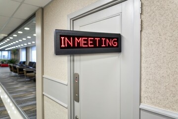 Meeting Room Sign: Digital Display Showing 'In Meeting' on Door