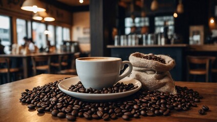 Cozy café with coffee beans and sacks