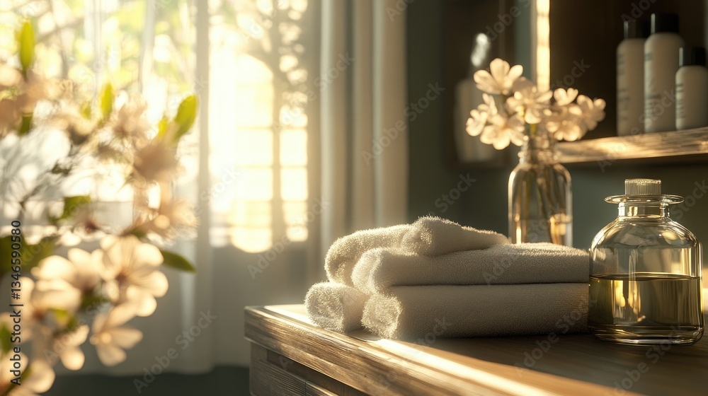 Aufkleber a tranquil spa setting with soft sunlight streaming in, featuring a clear bottle of essential oil, n