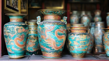 Antique Teal Dragon Vases Asian Pottery Collection
