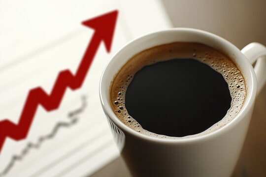 Coffee cup near growing statistics chart shows positive trend in business or finance