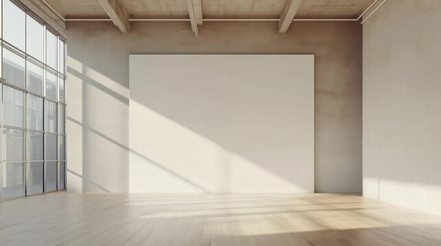 Blank white wall mockup in sunny modern empty gallery, 3d rendering. Clear big stand mock up in museum with contemporary art exhibitions. Large hall interior with wide banner exposition template.	