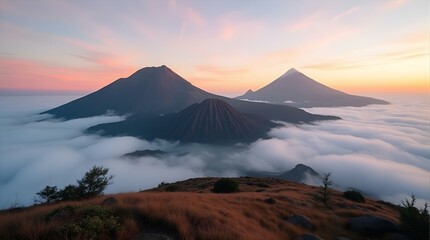 Fototapeta premium Majestic Sunrise Over Mount Bromo Semeru Batok Volcanoes Indonesia Panoramic Landscape