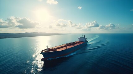 Naklejka premium Aerial View of Large Cargo Ship on Sunny Ocean - Global Shipping Industry