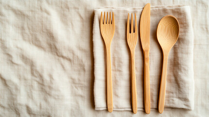 Eco-friendly bamboo cutlery set on linen cloth, flat lay