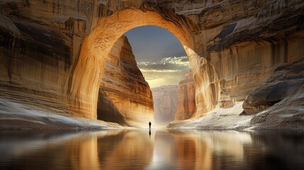 Sunset casting a warm glow on the towering canyon walls, creating a mesmerizing natural contrast.