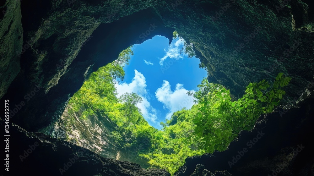 Poster a view from within a cave opening, showing a vibrant blue sky and lush greenery beyond, highlighting