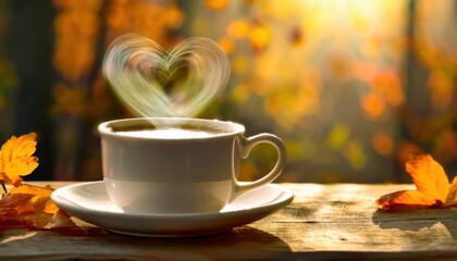 steaming cup of coffee on a wooden table with autumn leaves in a sunlit forest, heart shaped steam rising in golden light

