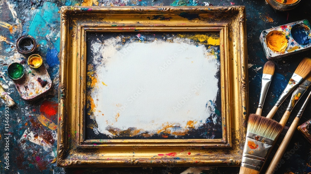 Poster a vintage gold frame with paint splatters, brushes, and a blank canvas, creating an inspiring atmosp