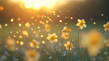 Obraz premium Beautiful Yellow Daffodils Blooming in a Sunlit Meadow on a Tranquil Spring Morning.
