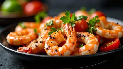 street food: seafood, fish, shrimp, squid and grilled vegetables
