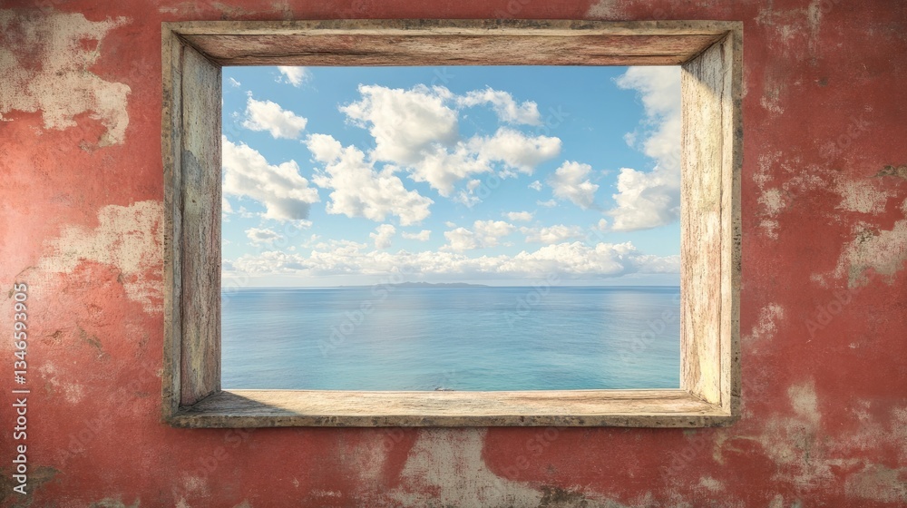 Poster a weathered red stone window frames the ocean view, with the sky above painted in soft, muted clouds