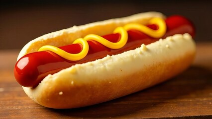 Hot dog with ketchup and yellow mustard on wooden table