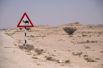 Desert landscape featuring a triangular road sign warning of camels crossing, Oman
