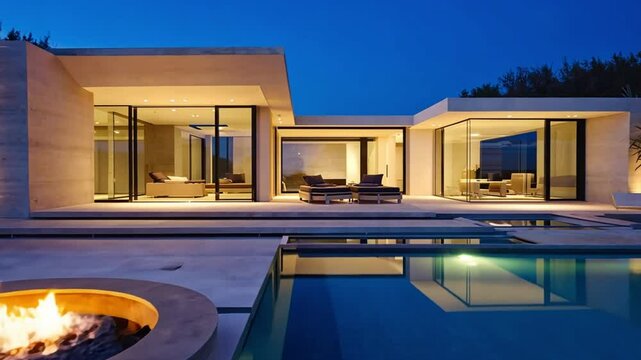 Modern Luxury Villa with Swimming Pool and Fire Pit at Night