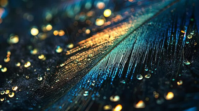 Close-up of a peacock feather with iridescent details ture..