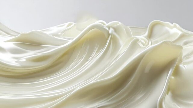 Fluid Elegance: A close-up of a creamy, viscous substance in a state of dynamic motion, resembling flowing silk or smooth waves, highlighting the texture and sheen.
