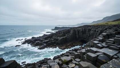 Basalt Columns on Coastal Ocean with Waves
