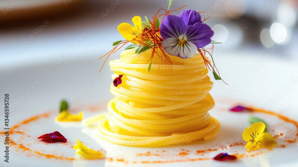 Poster an elegant plate of spaghetti arranged in a neat stack, adorned with vibrant saffron and delicate ed