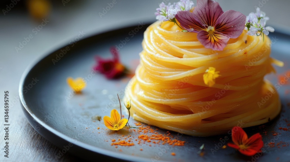 Poster an elegant plate of spaghetti arranged in a neat stack, adorned with vibrant saffron and delicate ed