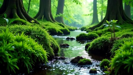 babbling brook in the forest, beautiful lighting