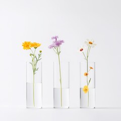 Minimalist Floral Arrangement with Colorful Wildflowers in Glass Bottles on White Background