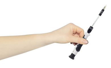 screwdriver with replaceable tip for electronics repair in hand, outstretched hand with screwdriver isolated from background