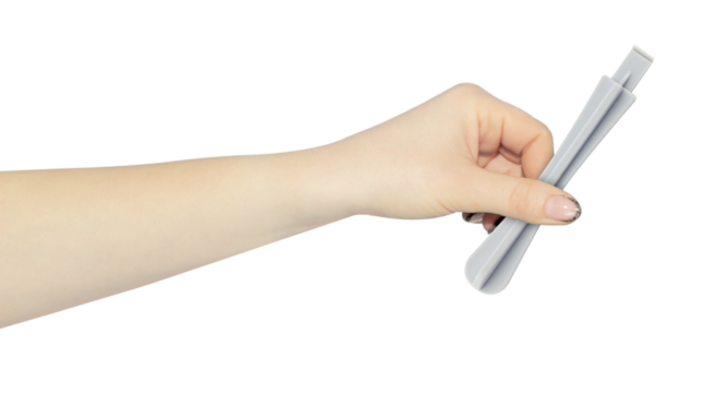 plastic spatula for disassembling the case of phones and laptops in hand, outstretched hand with plastic spatula isolated from background